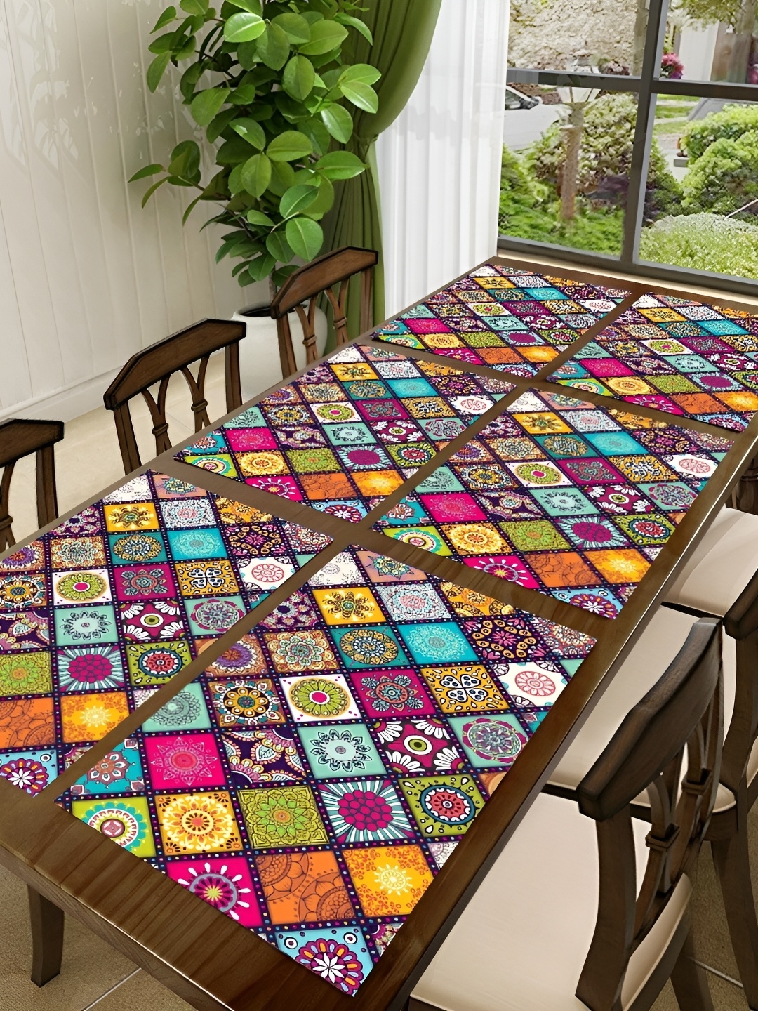 

REVEXO Blue & Maroon 6 Pieces Floral Pattern Rectangle Reversible Table Placemats, Pink