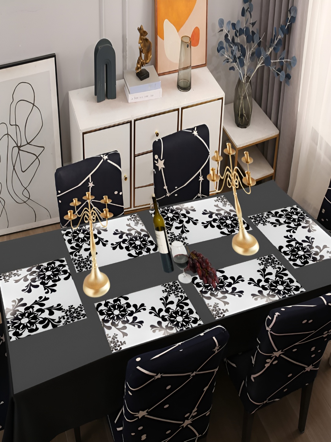 

REVEXO White & Black 6 Pieces Printed Rectangular Table Placemats