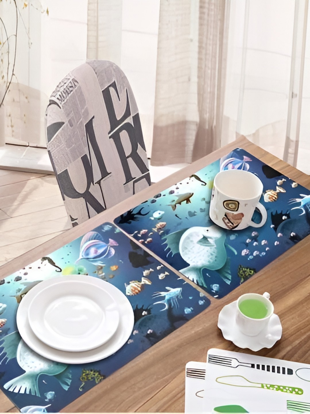 

REVEXO White & Blue 6 Pieces Fish Pattern Rectangle Reversible Table Placemats