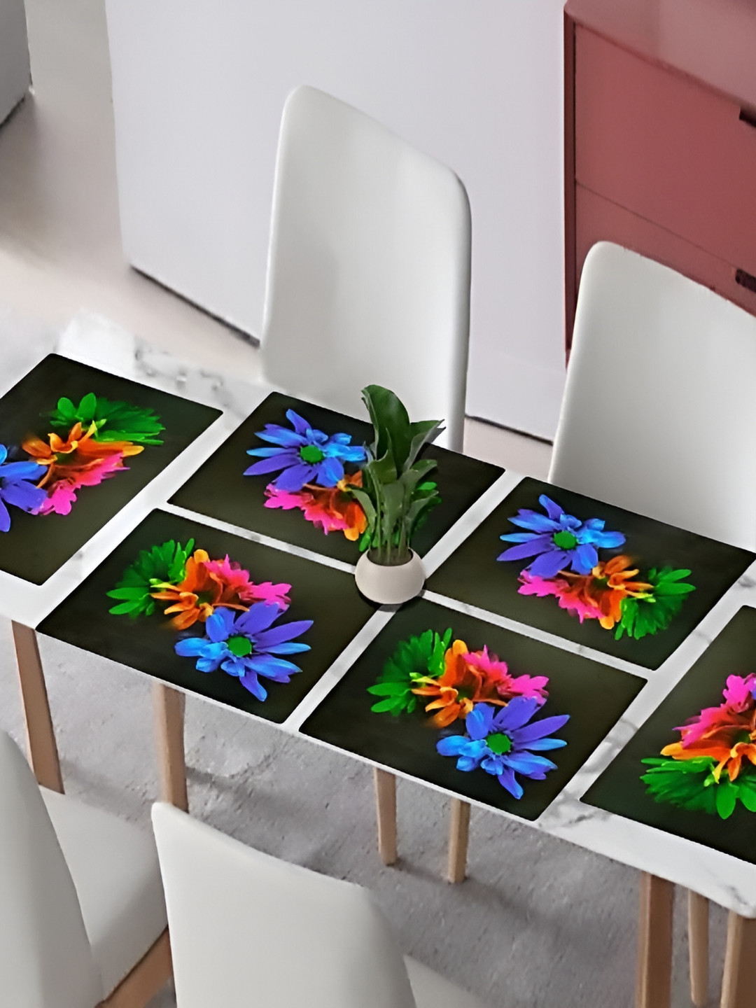 

REVEXO Black & Red 6 Pieces Floral Printed Rectangular Table Placemats