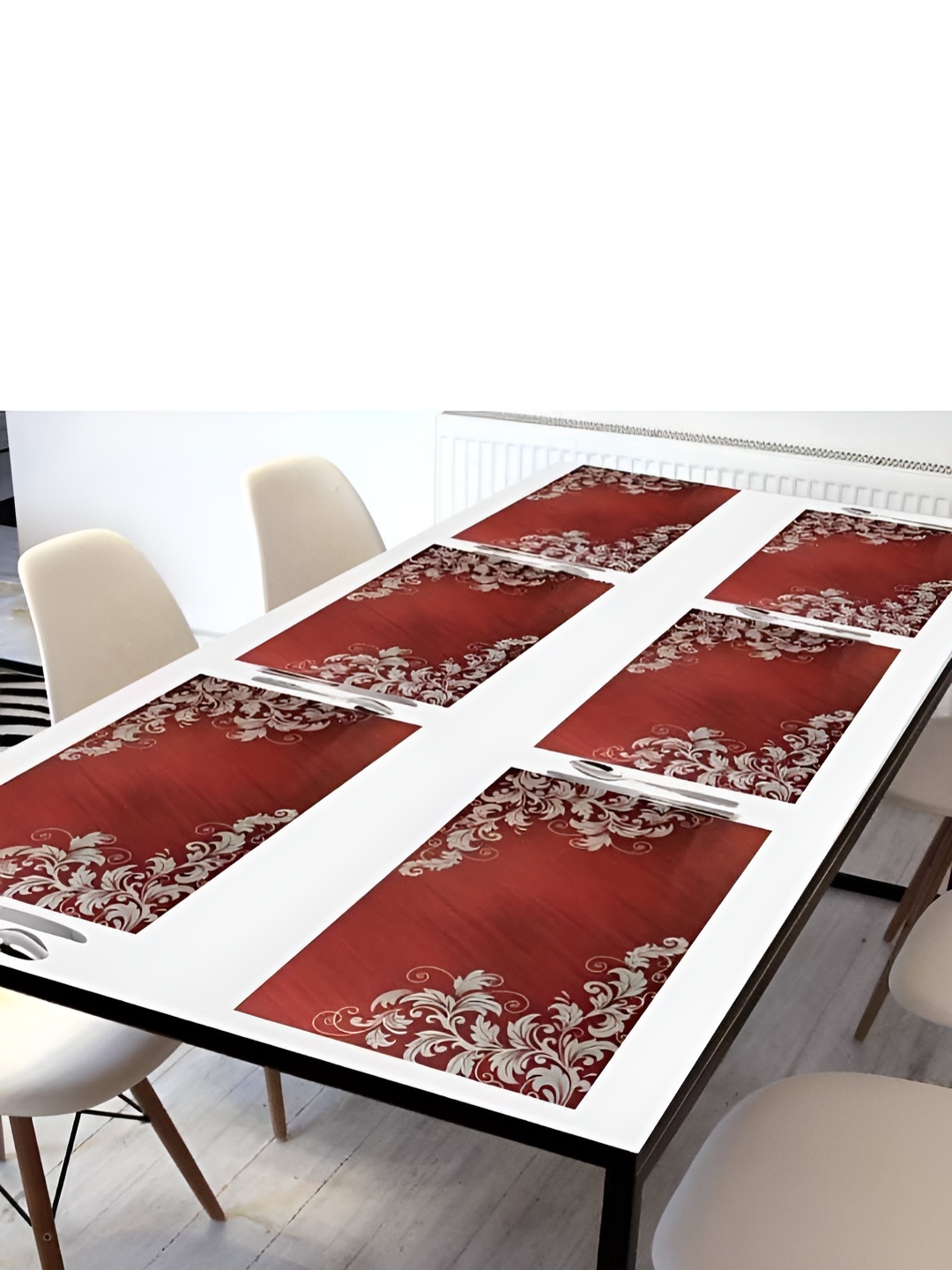 

REVEXO Maroon & White 6 Pieces Printed Rectangular Table Placemats