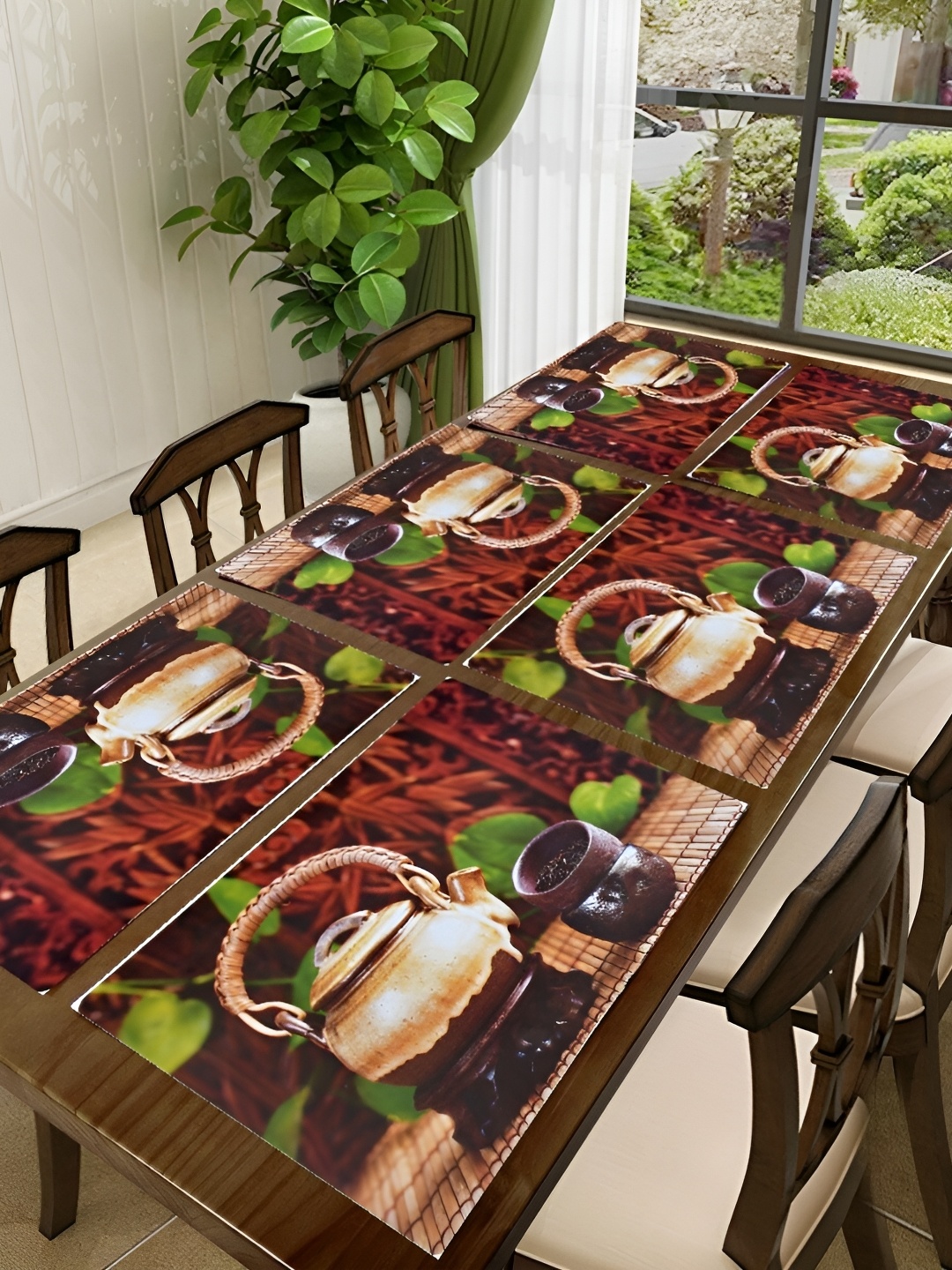 

REVEXO Brown 6 Pieces Printed Rectangular Table Placemats, Gold