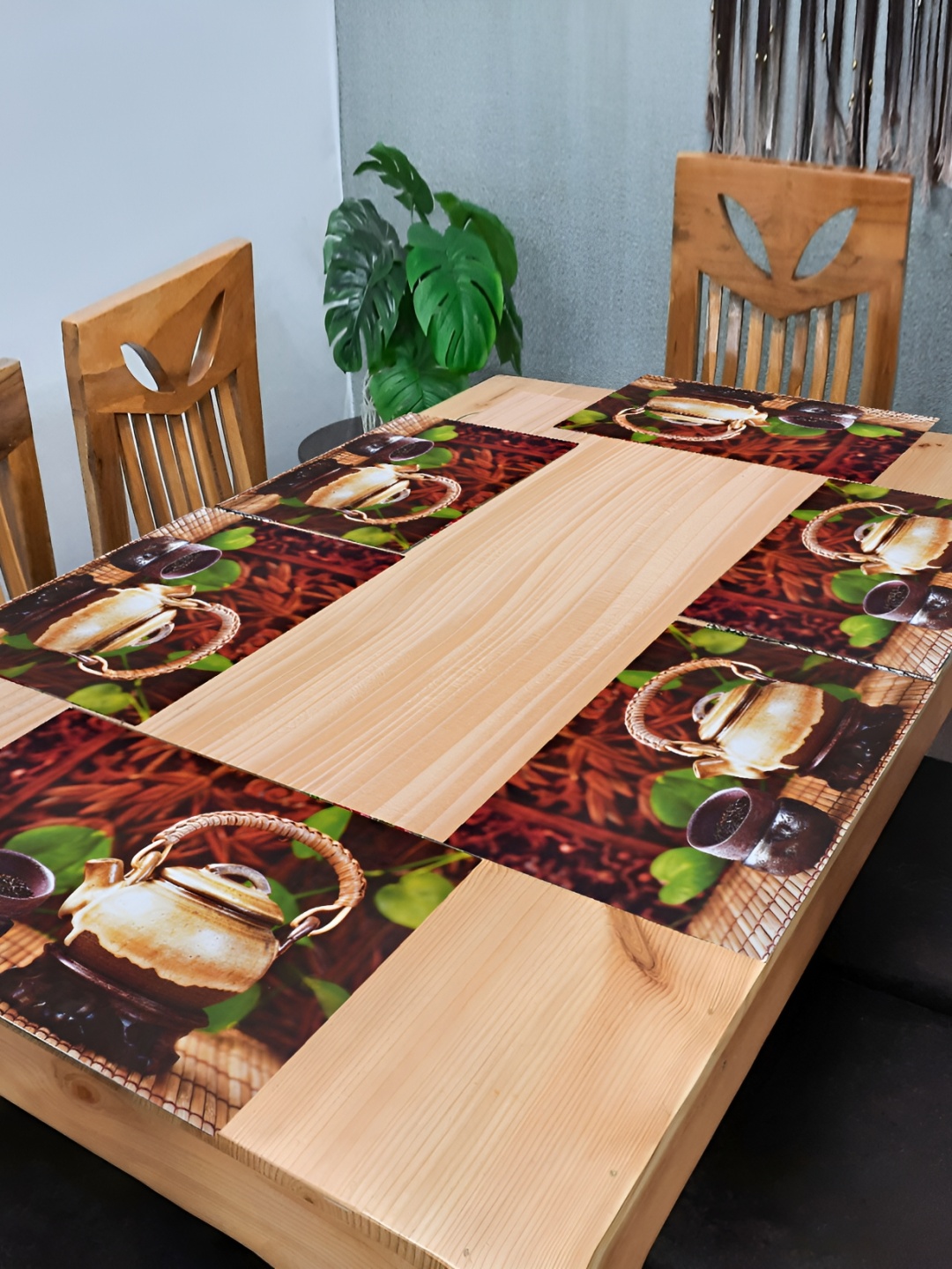 

REVEXO 6 Pieces Brown Printed Rectangular Table Placemats, Gold