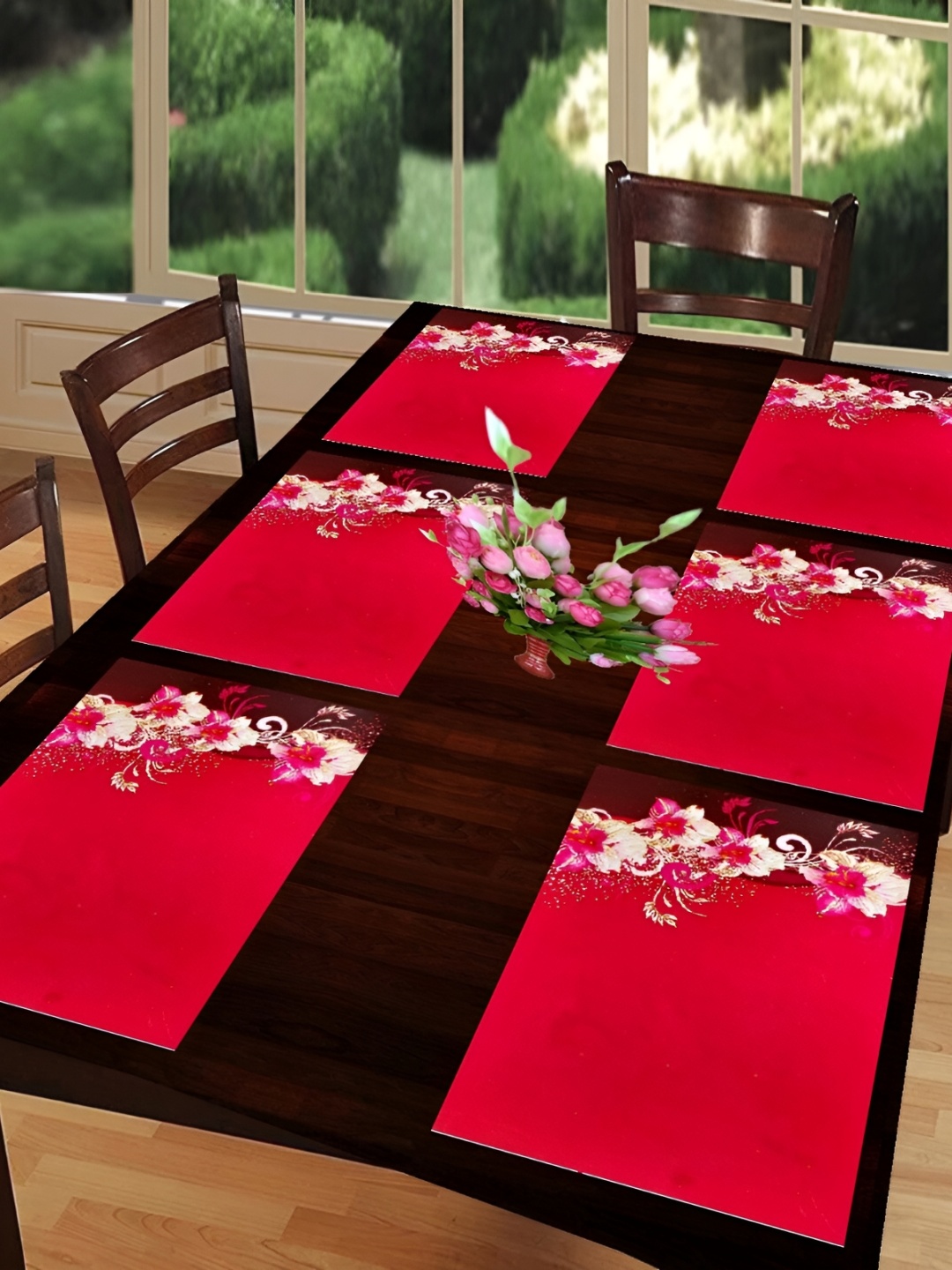 

REVEXO Red & White 6 Pieces Floral Printed Rectangular Table Placemats