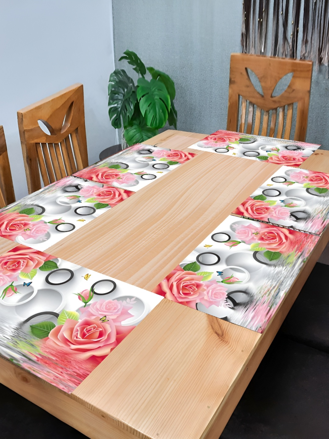 

REVEXO White & Pink 6 Pieces Floral Pattern Rectangle Reversible Table Placemats