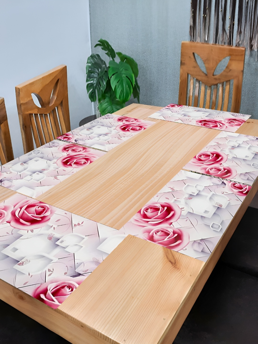 

REVEXO White & Pink 6 Pieces Floral Pattern Rectangle Reversible Table Placemats