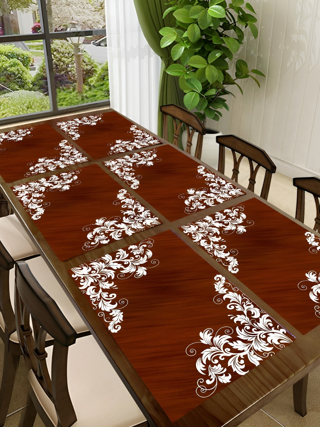 

REVEXO White & Maroon 6 Pieces Floral Pattern Rectangle Reversible Table Placemats