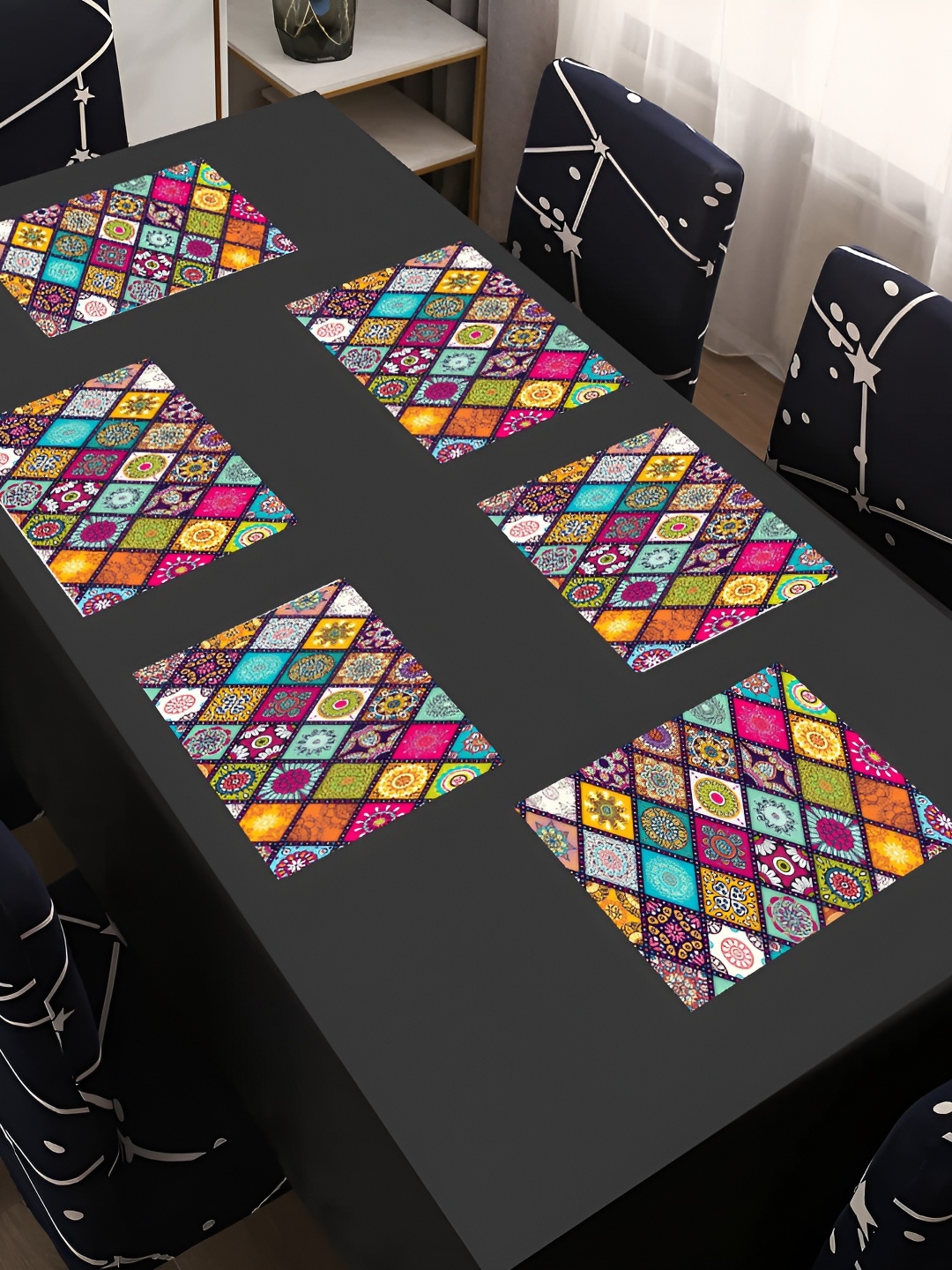 

REVEXO Blue & Orange 6 Pieces Geometric Printed Table Placemats