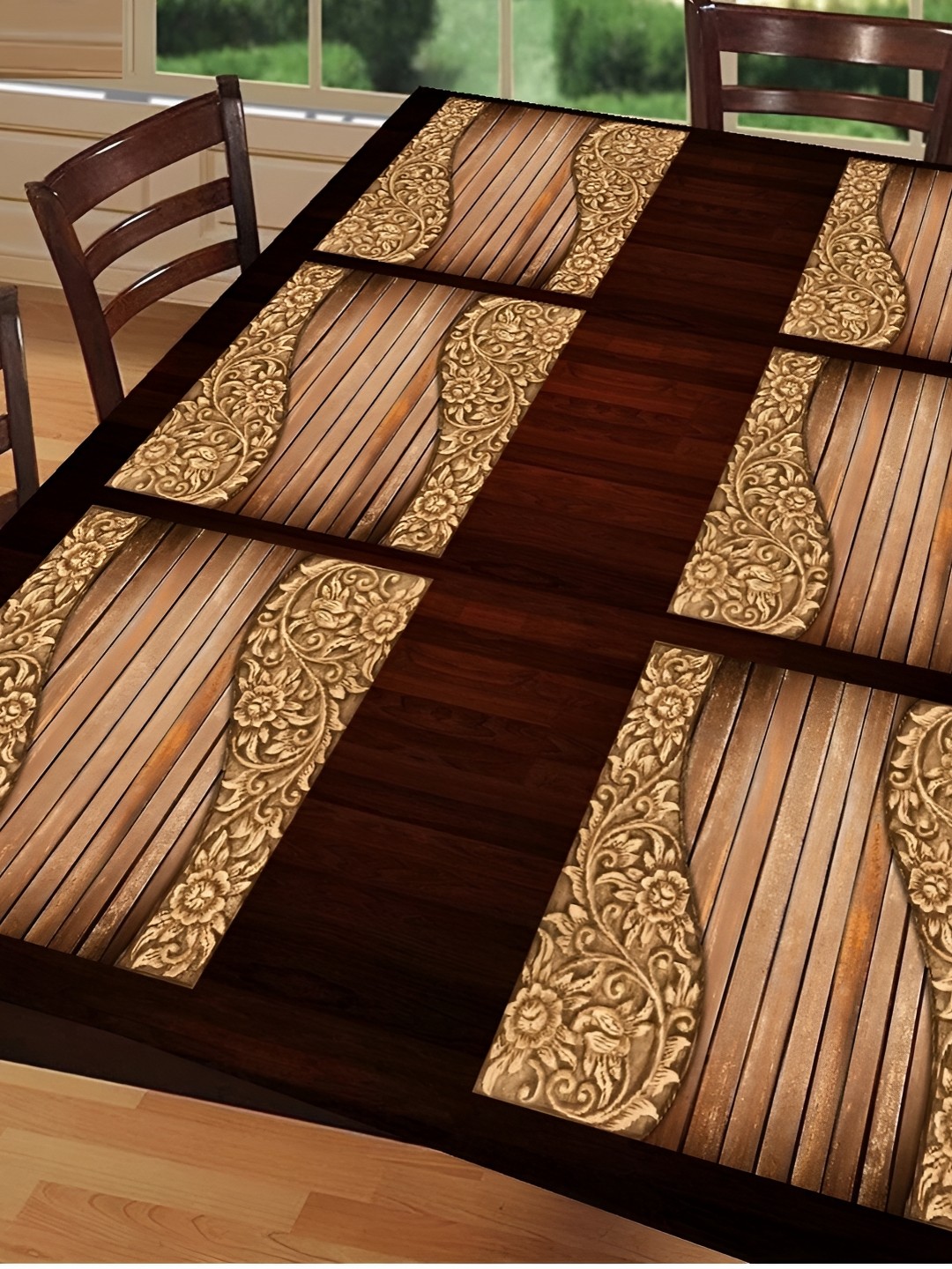 

REVEXO Brown 6 Pieces Printed Rectangular Table Placemats, Gold
