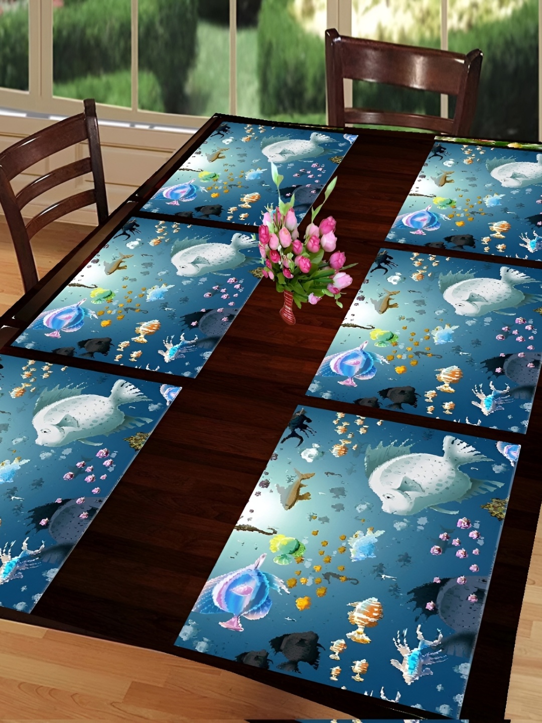 

REVEXO Blue & Green 6 Pieces Printed Rectangular Table Placemats