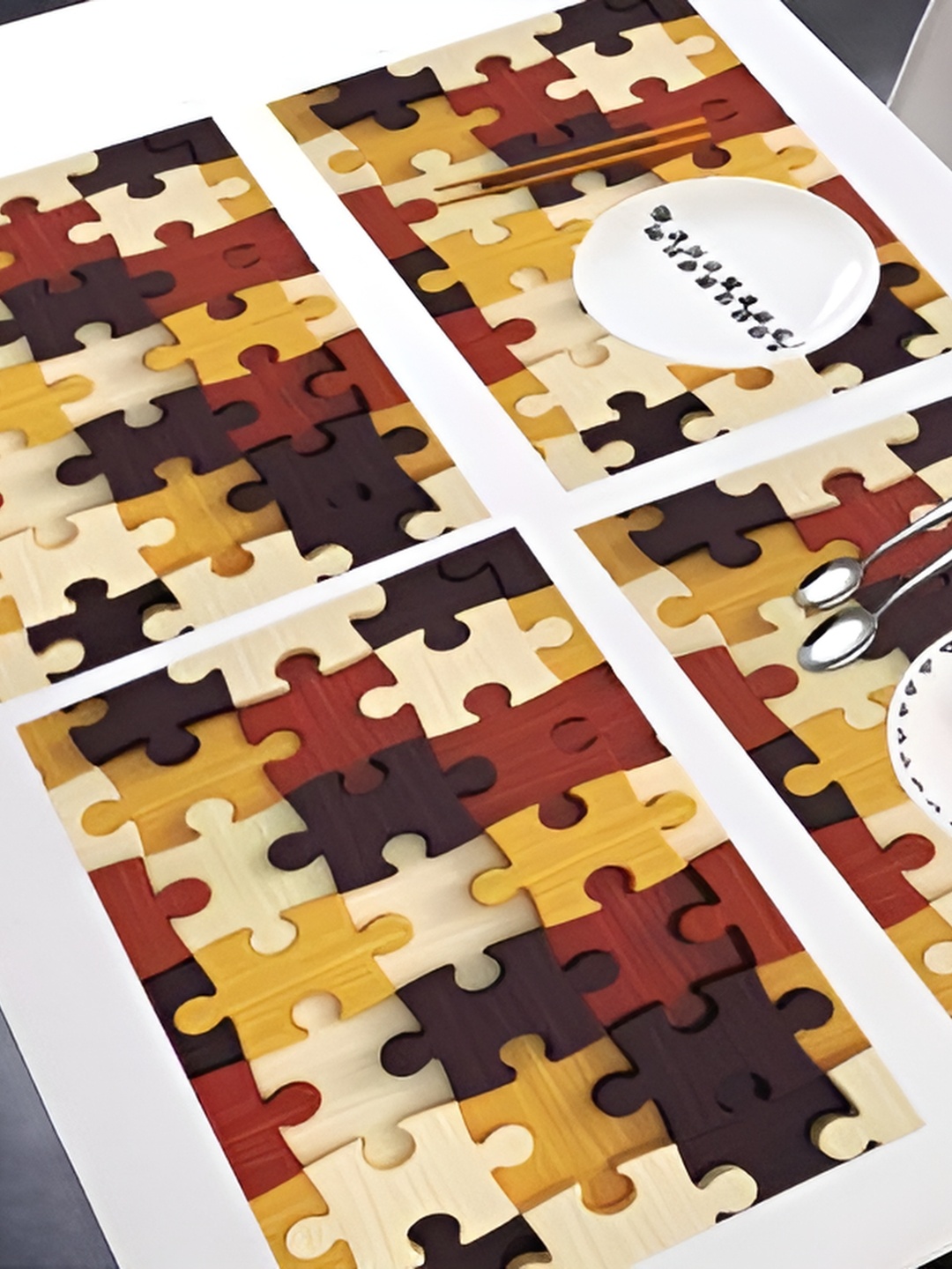 

REVEXO Brown & Beige 4 Pieces Printed Rectangular Table Placemats, Gold