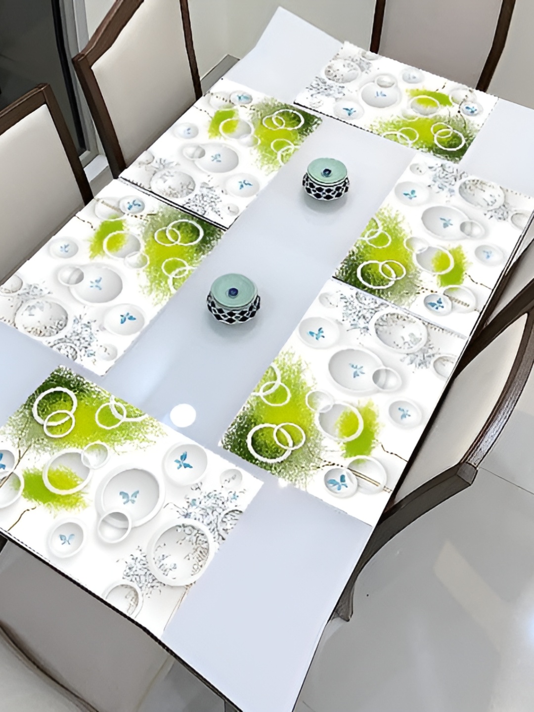 

REVEXO White & Green 6 Piecse Abstract Printed Rectangular Table Placemats