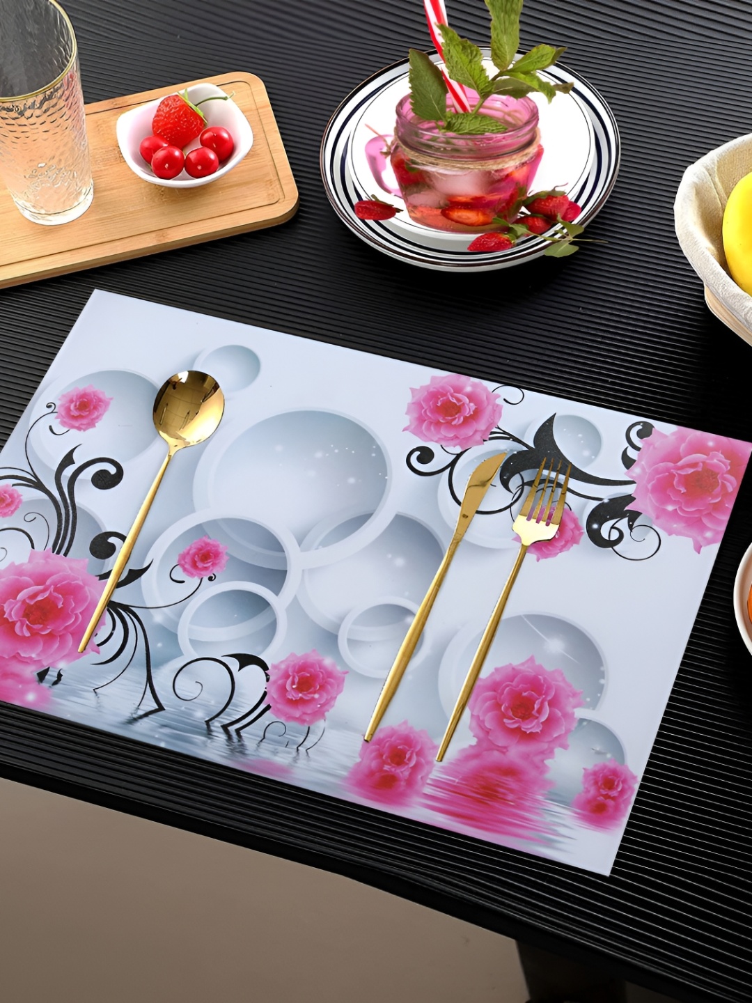

REVEXO Pink & Grey 6 Pieces Floral Printed Rectangular Table Placemats