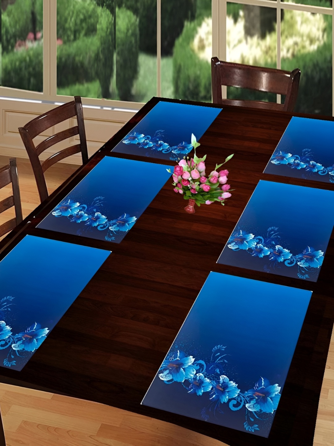 

REVEXO Blue 6 Pieces Floral Printed Rectangular Table Placemats