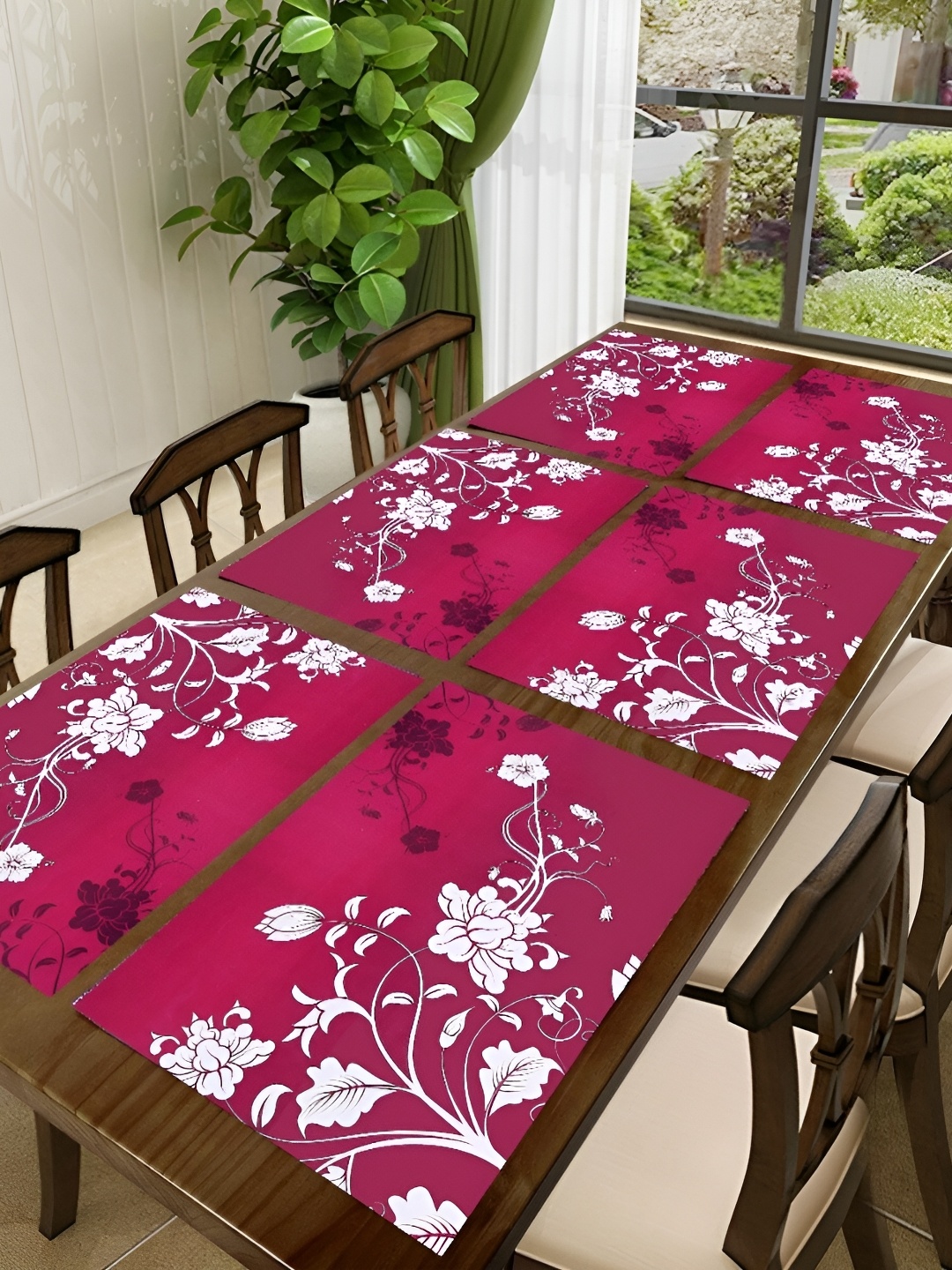 

REVEXO 6 Pieces Pink & White Printed Non-Slip Rectangular Table Placemats