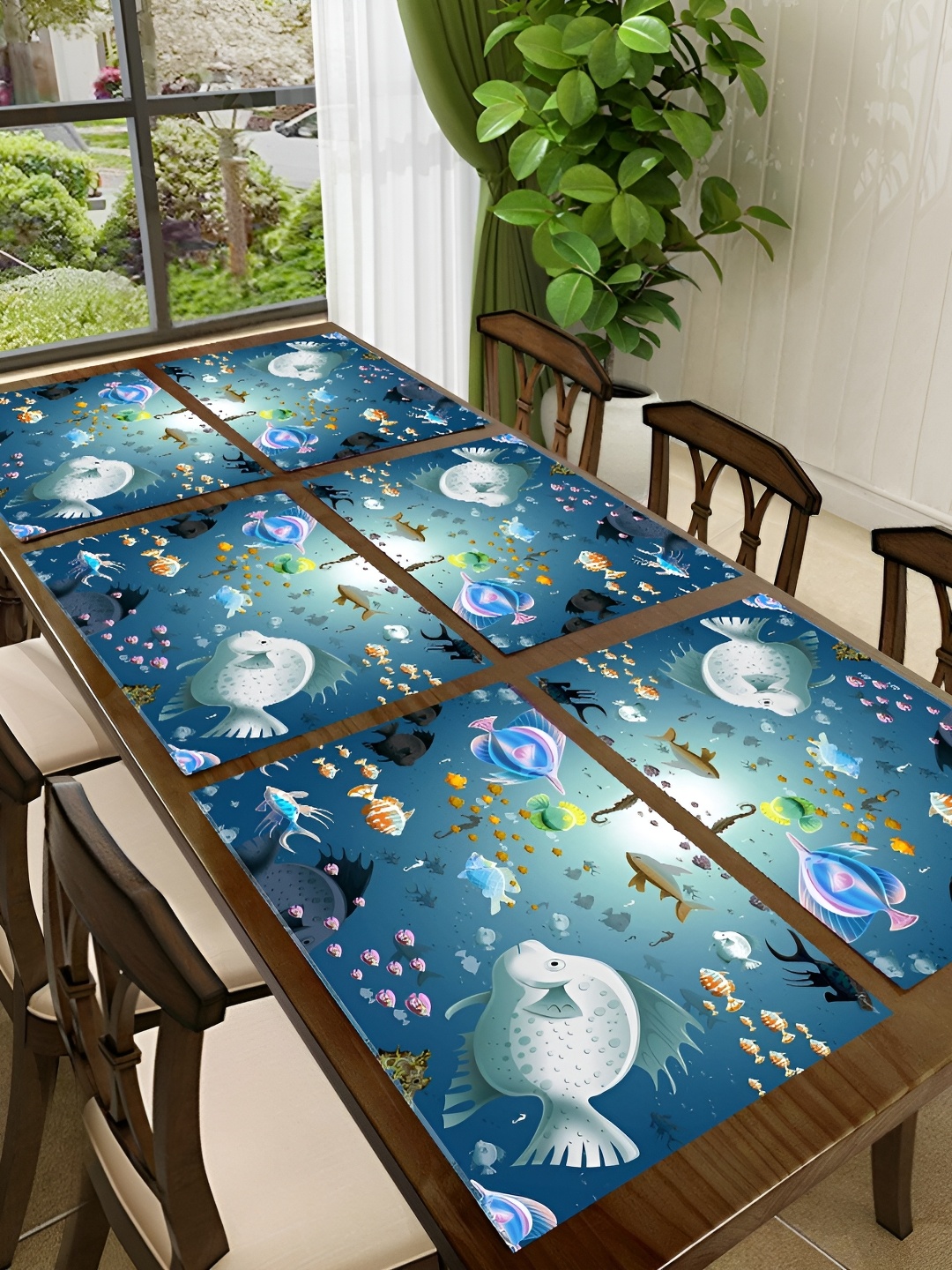 

REVEXO Blue & White 6 Pieces Fish Printed Anti-Slip Table Placemats