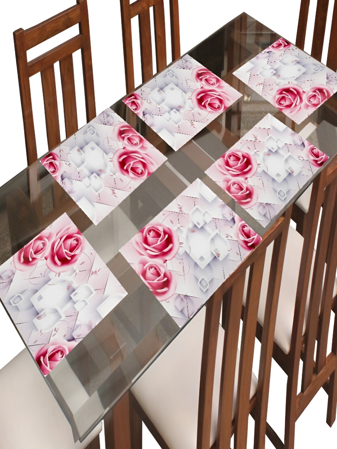 

REVEXO Pink & White 6 Pieces Floral Printed Rectangular Table Placemats