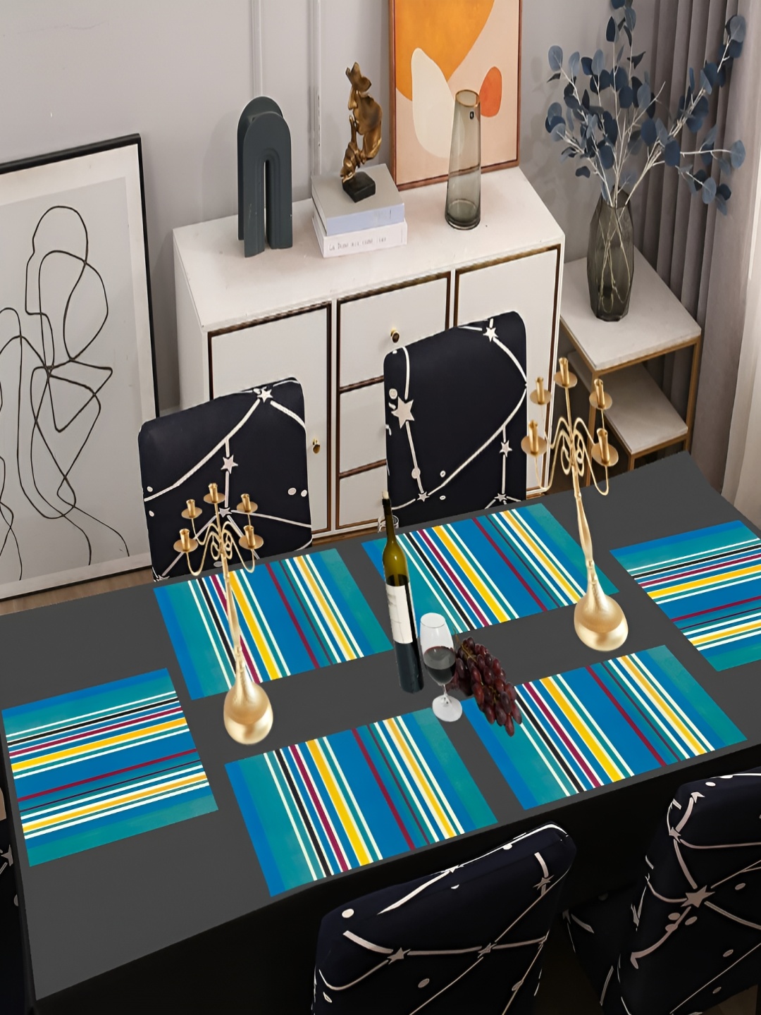 

REVEXO 6-Pcs Blue & Yellow Striped Table Placemats