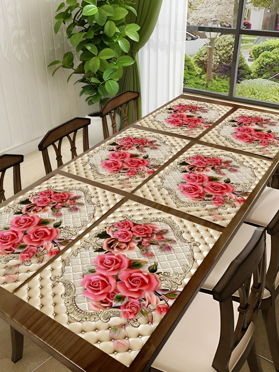 

REVEXO Beige & Pink 6 Pieces Printed Rectangular Table Placemats