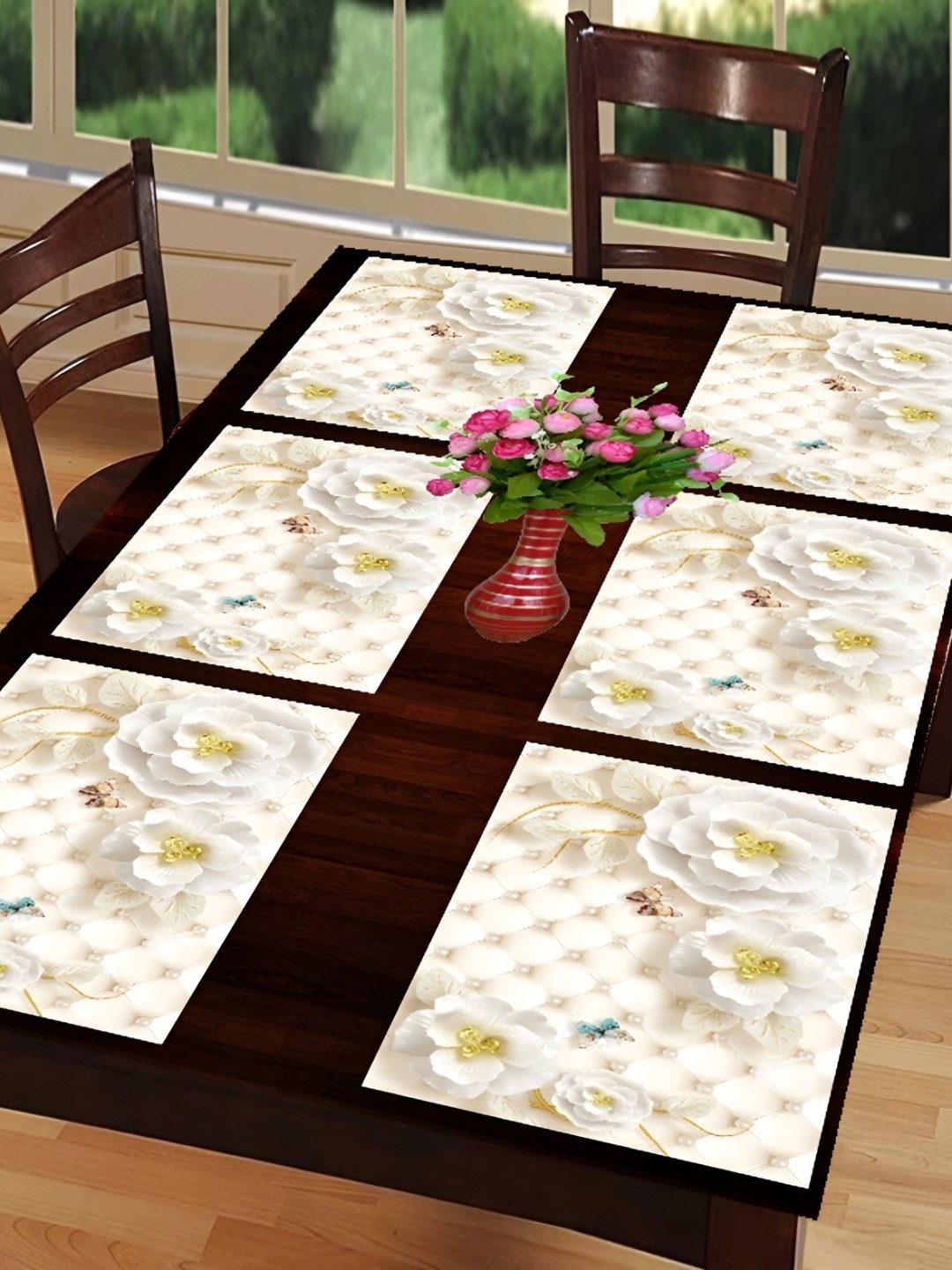 

REVEXO White & Beige 6 Pieces Printed Water Proof Rectangular Table Placemats