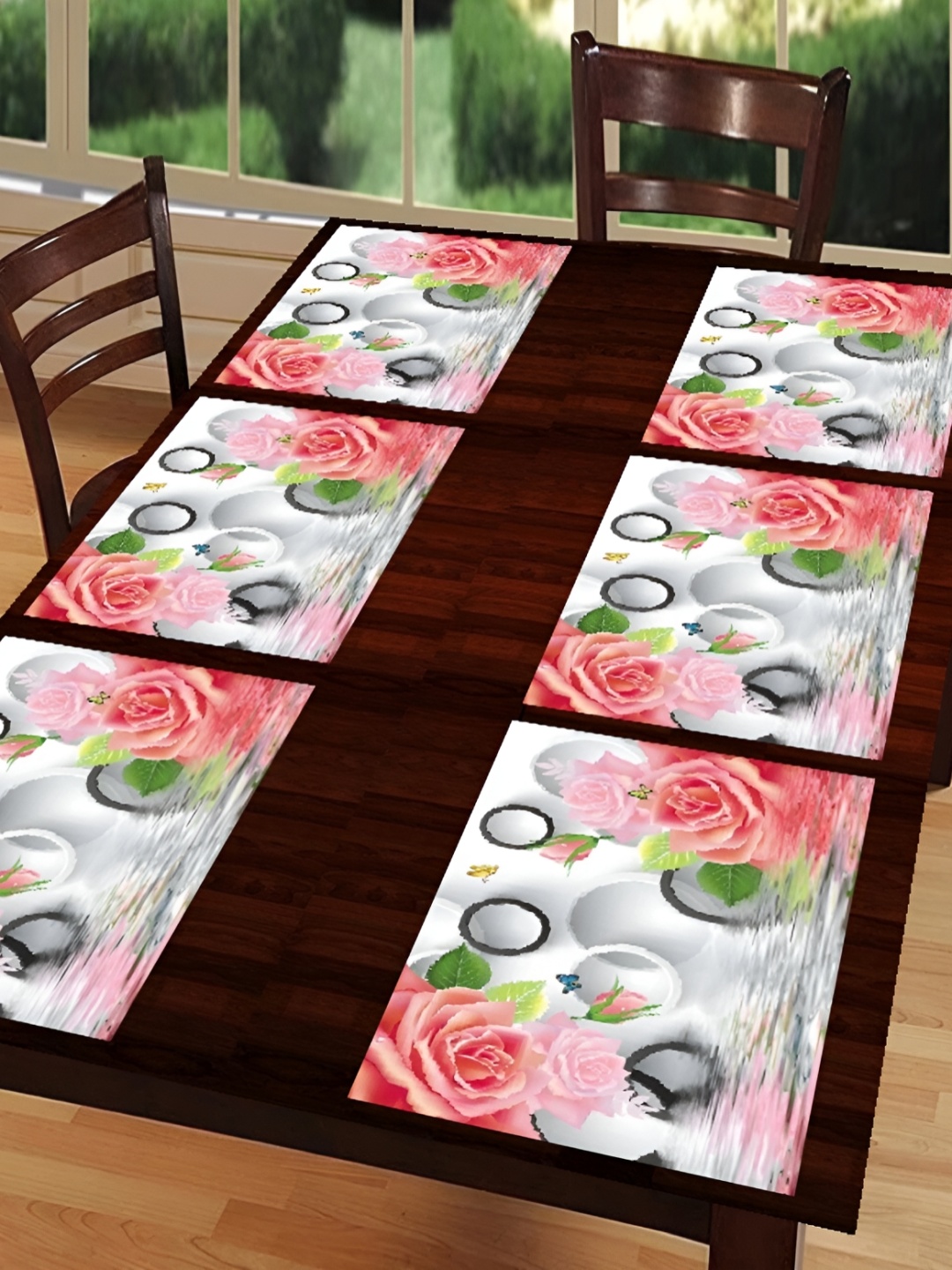 

REVEXO 6 Pieces Pink & White Printed Anti-Slip Table Placemats