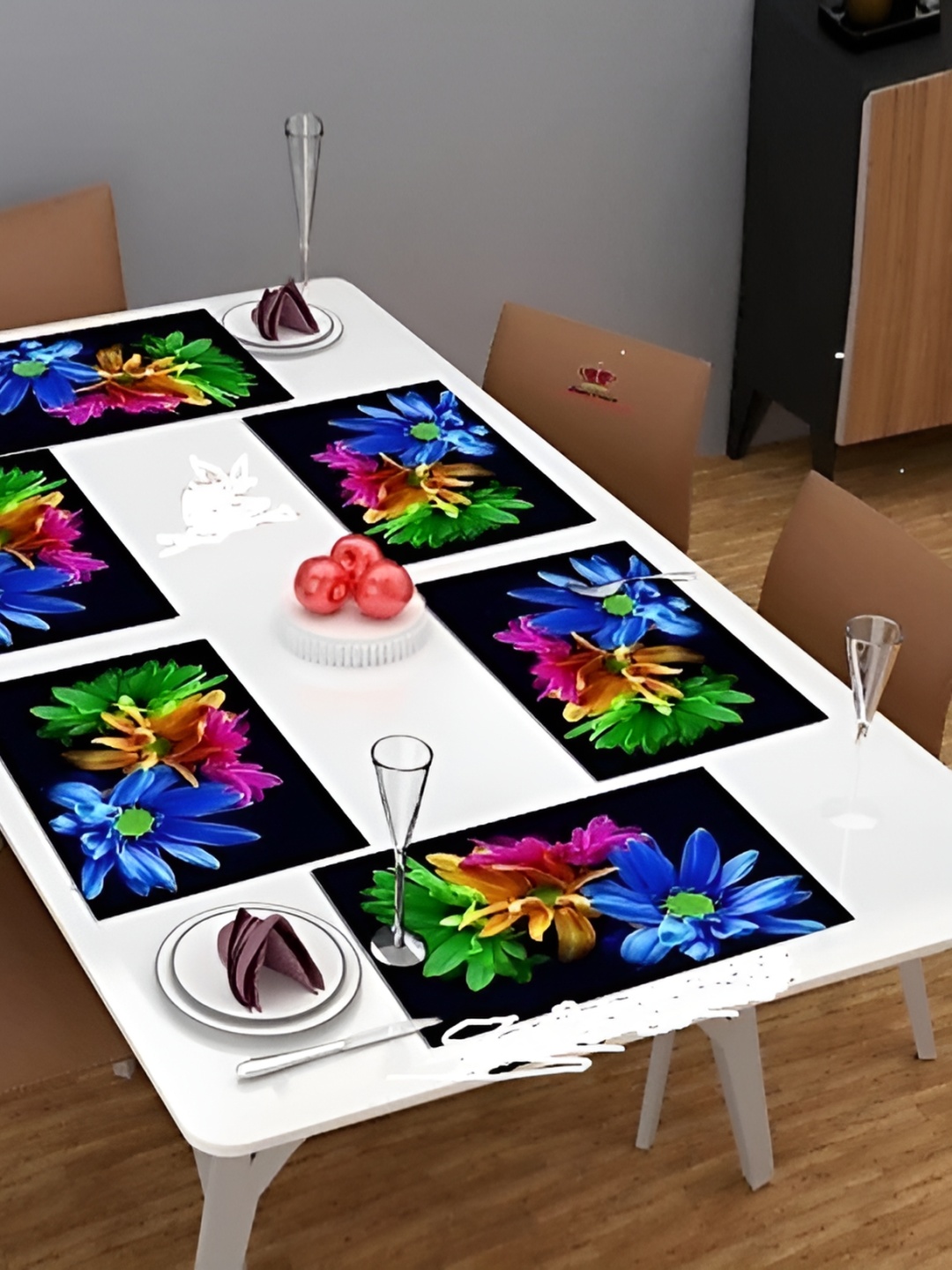 

REVEXO Blue & Blue 6 Pieces Printed Anti-Slip Table Placemats, Black