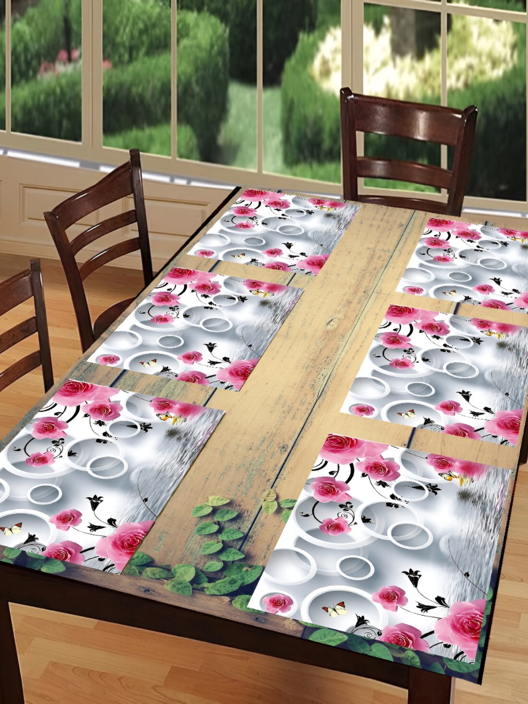 

REVEXO Pink & Grey 6 Pieces Printed Anti-Slip Table Placemats