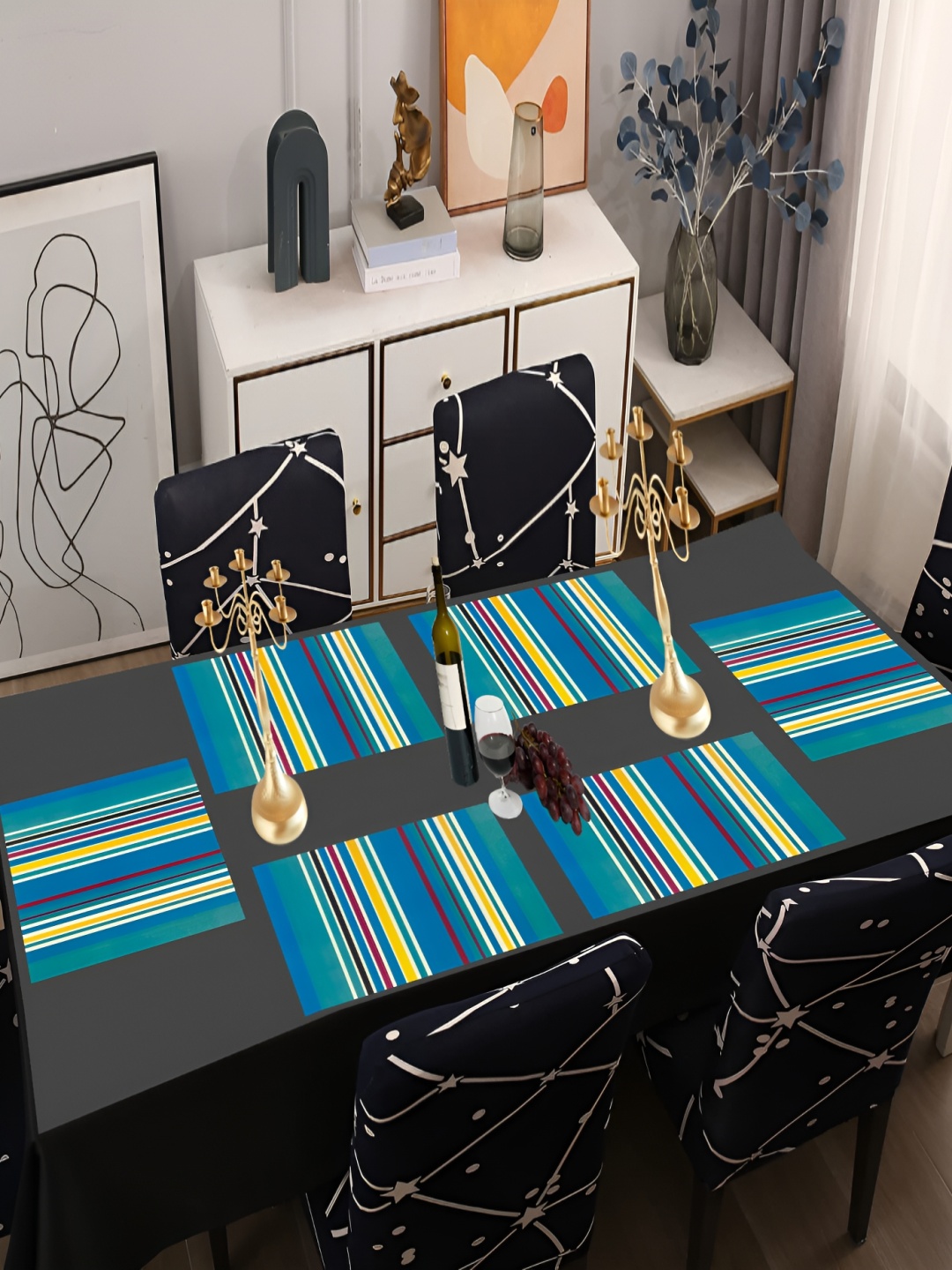 

REVEXO Blue & Yellow 6 Pieces Striped Anti-Slip Table Placemats
