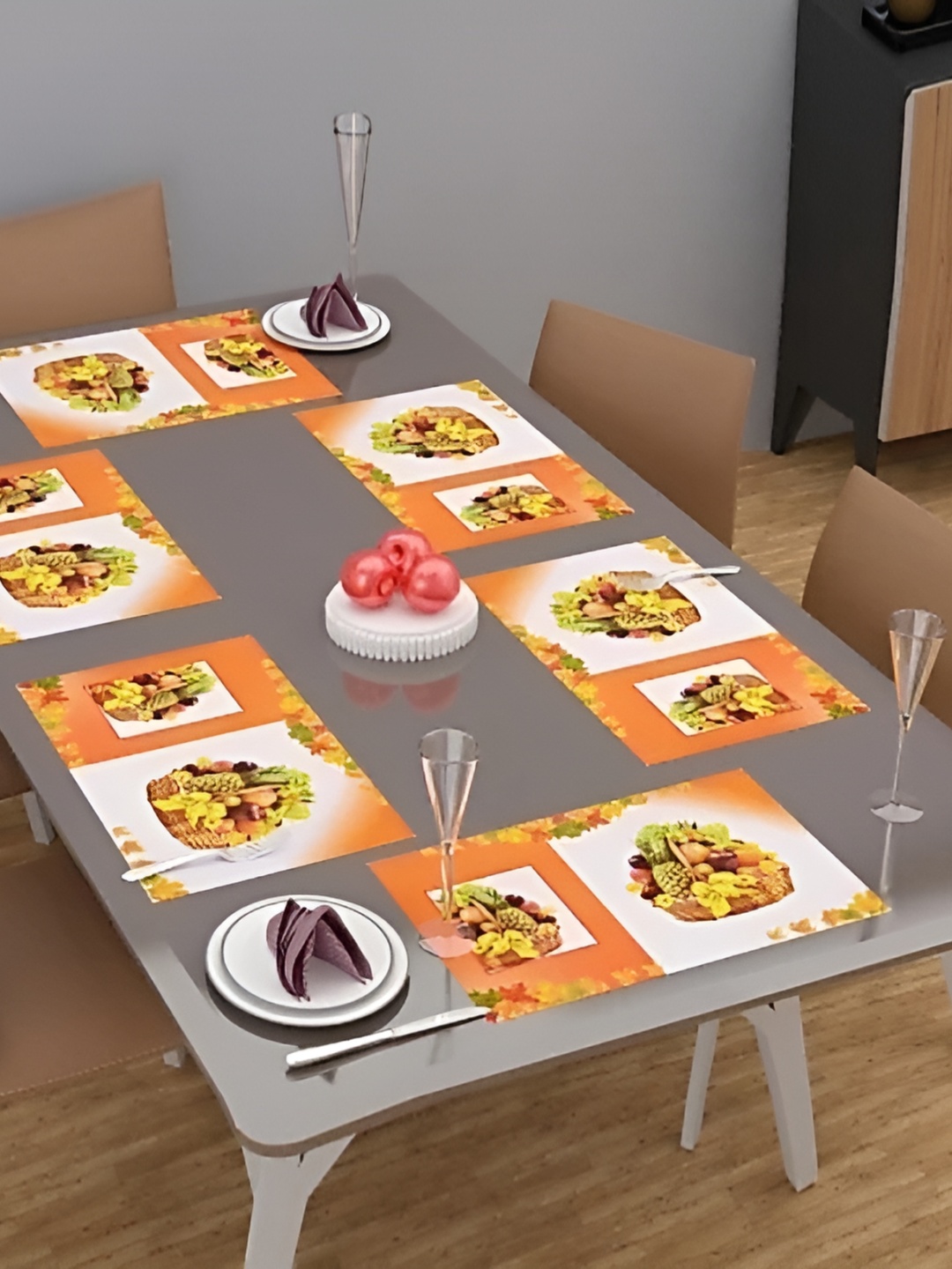 

REVEXO Orange 6 Pieces Coloured & White Printed Anti-Slip Table Placemats