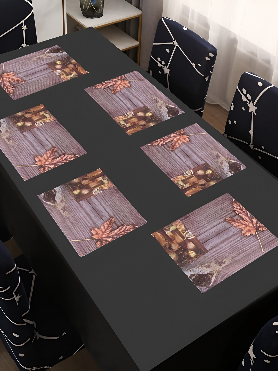 

REVEXO Blue & Brown 6 Pieces Floral Printed Rectangular Table Placemats, Gold