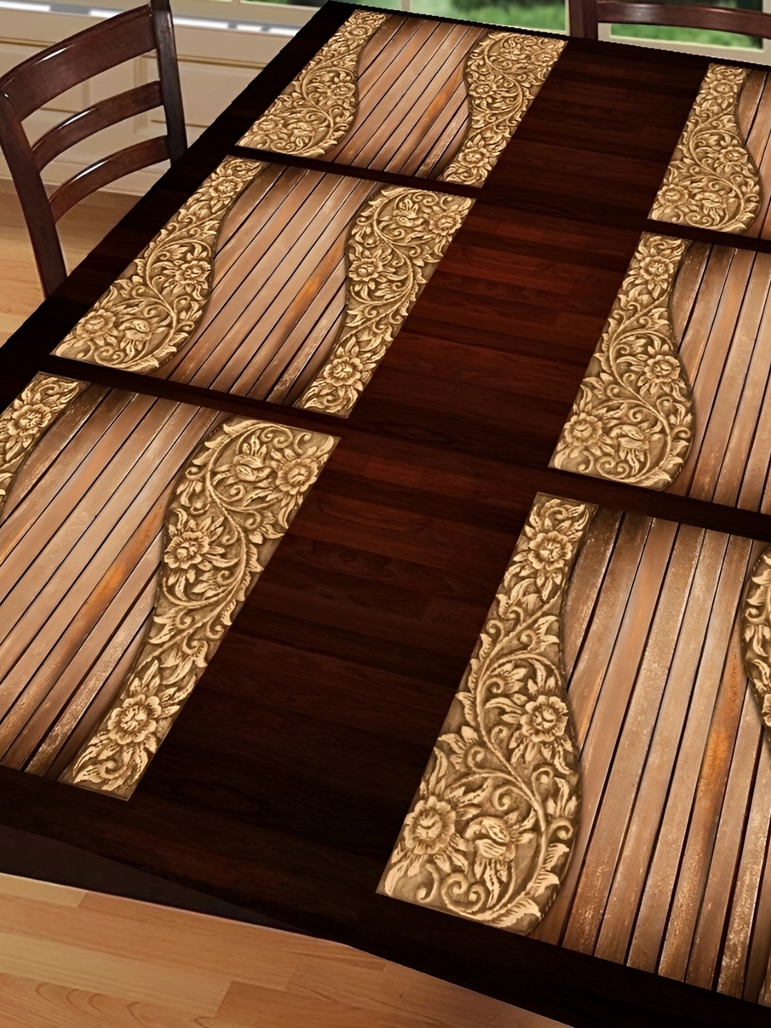 

REVEXO Brown & Beige 6 Pieces Floral Printed Anti-Slip Table Placemats