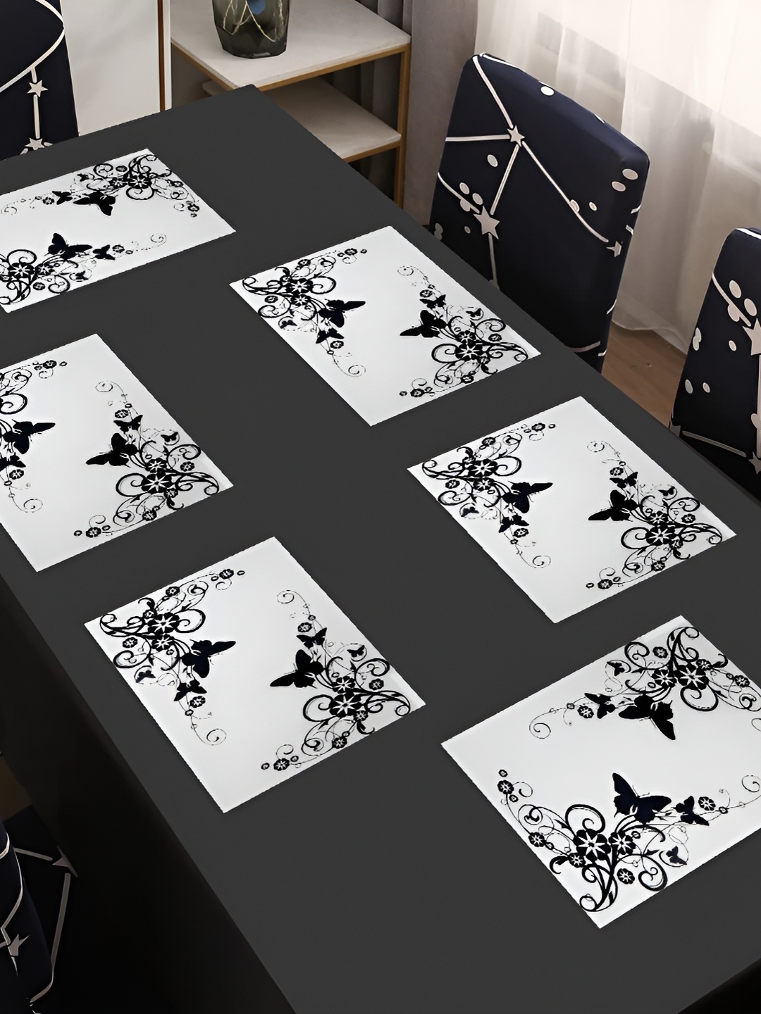 

REVEXO White & Black 6 Pieces Printed Anti-Slip Table Placemats
