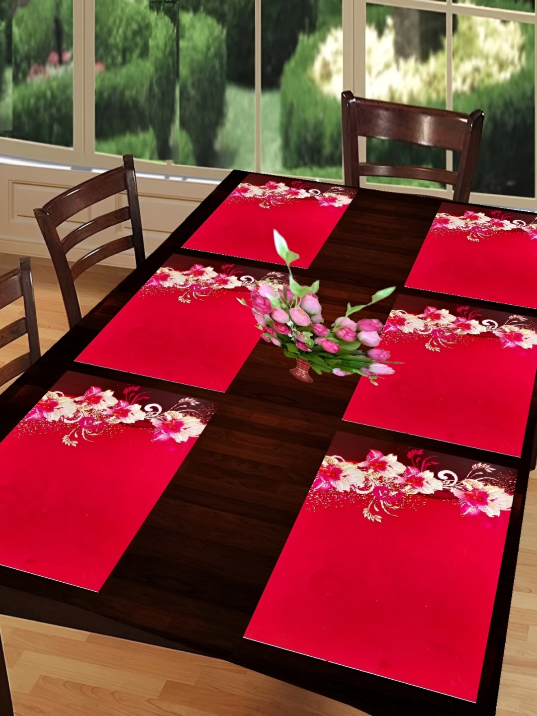 

REVEXO Red & Maroon 6 Pieces Printed Anti-Slip Table Placemats