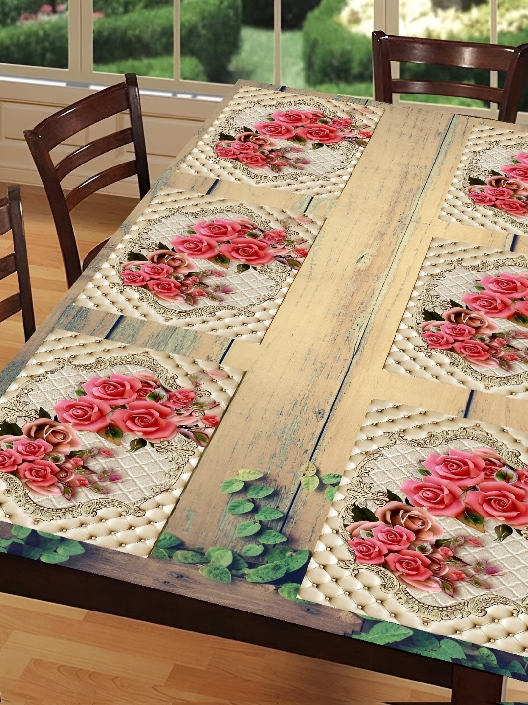 

REVEXO Beige & Pink 6 Pieces Printed Water Proof Rectangular Table Placemats