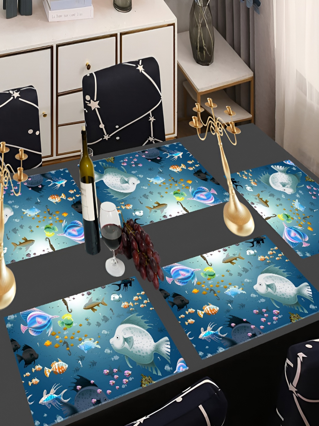 

REVEXO Blue 6 Pieces Printed Water Proof Rectangular Table Placemats