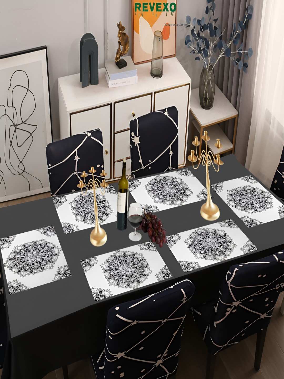 

REVEXO Black & White 6 Pieces Printed Anti-Slip Table Placemats