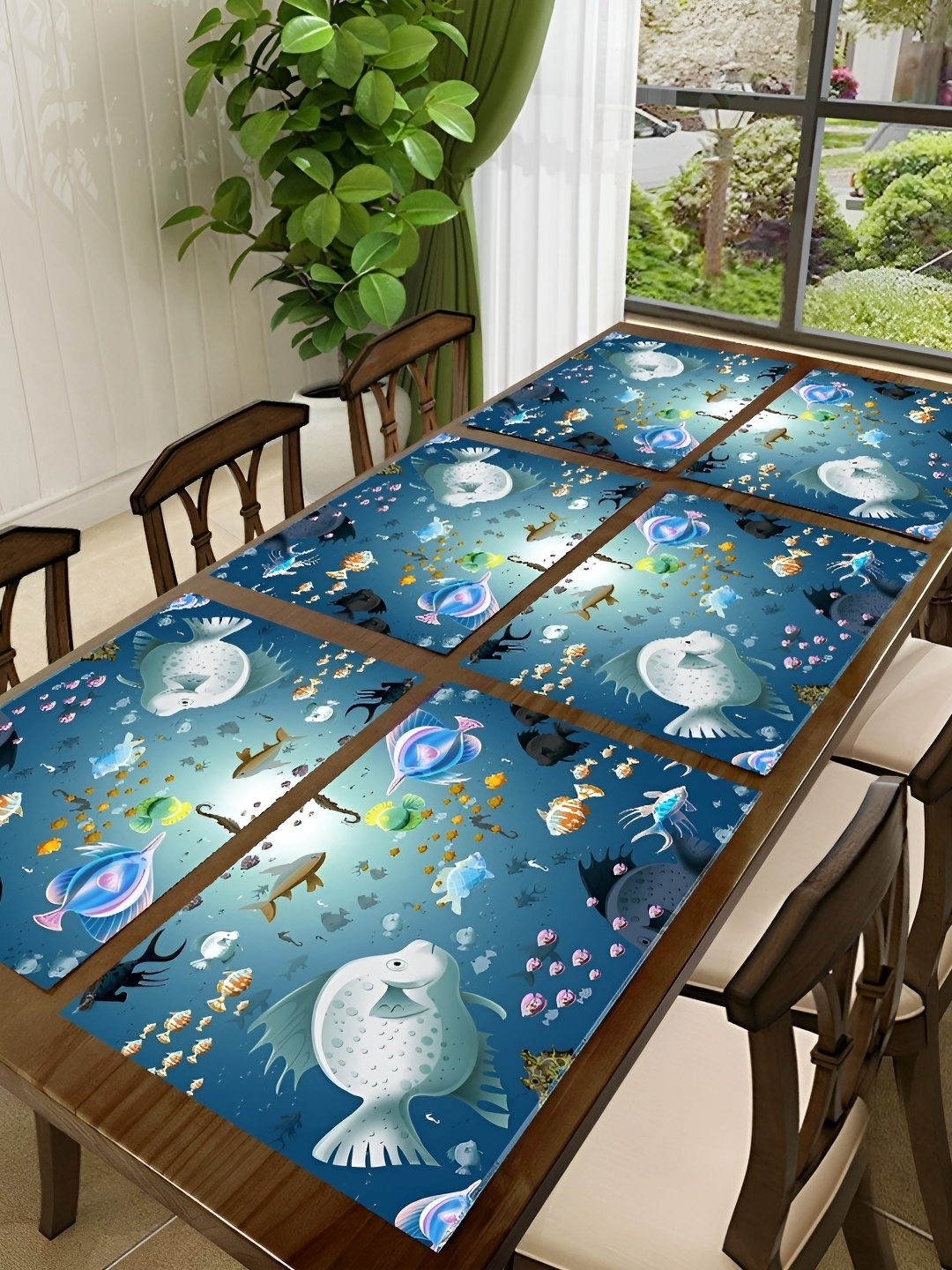 

REVEXO Blue & White 6 Pieces Printed Rectangular Table Placemats