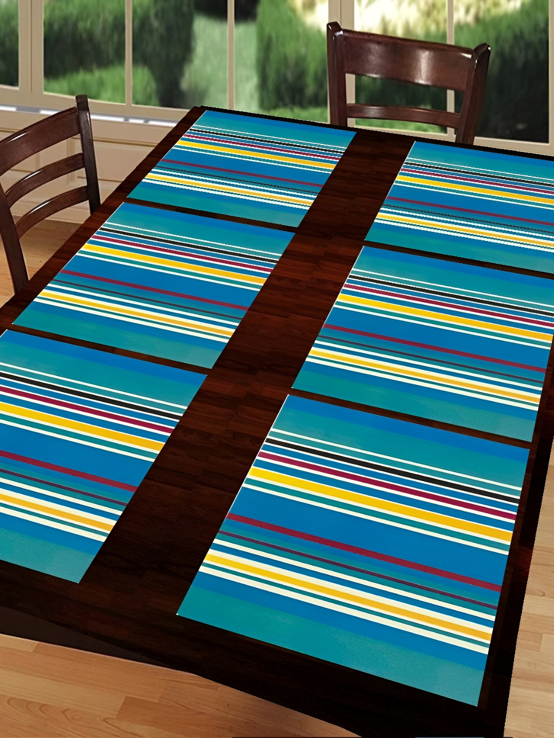 

REVEXO Blue & Yellow 6 Pieces Striped Anti-Slip Table Placemats