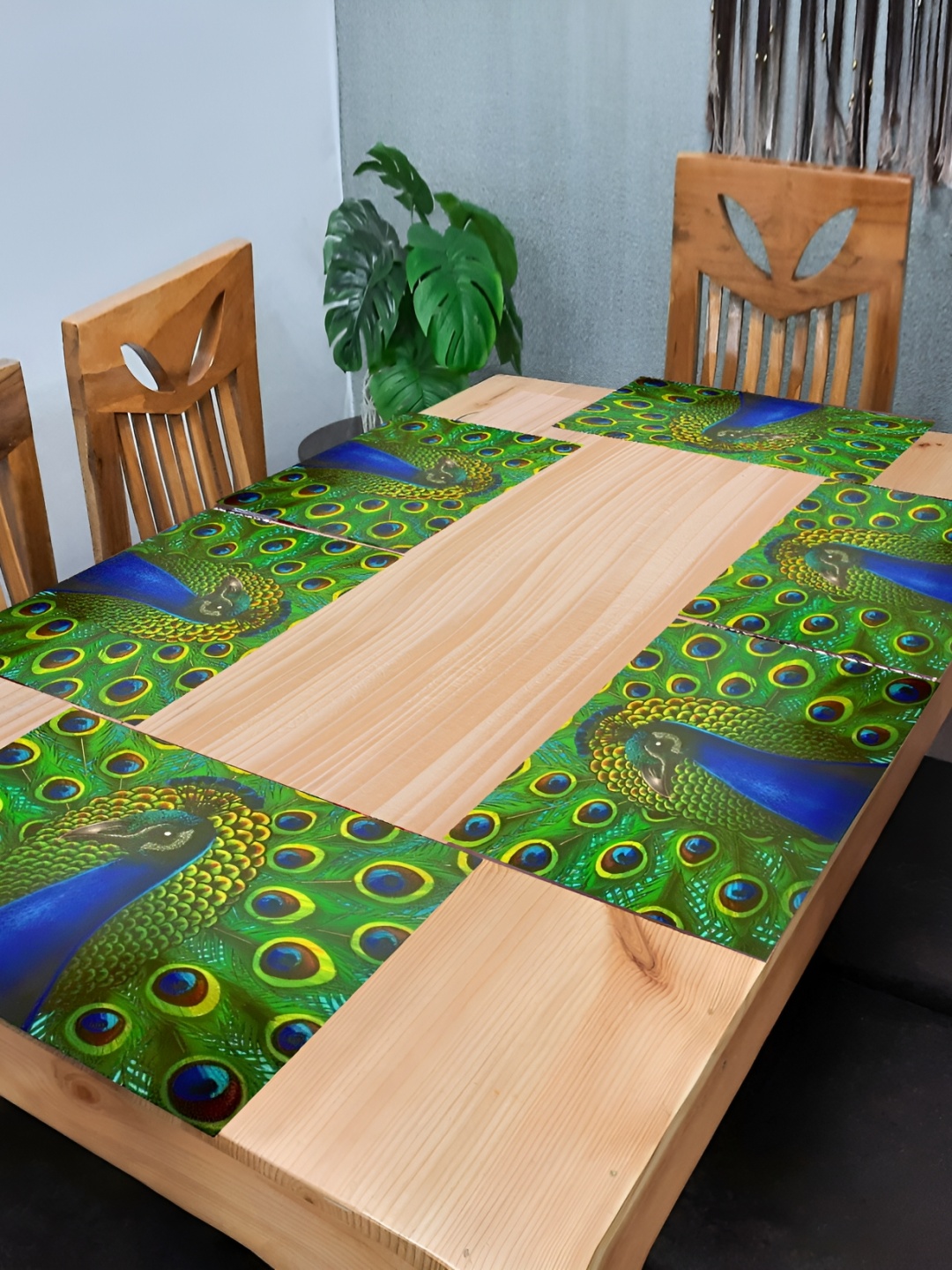 

REVEXO Green & Blue 6 Pieces Peacock Printed Waterproof Table Placemats