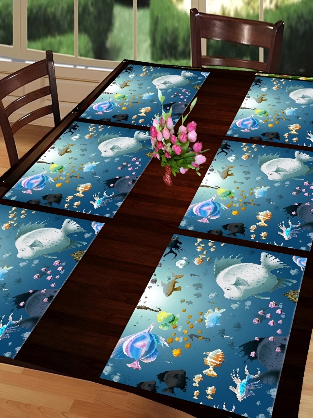 

REVEXO 6 Pieces Blue Printed Anti-Slip Table Placemats