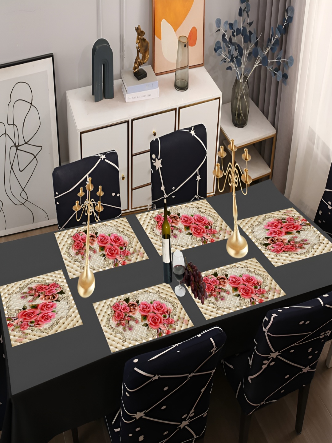

REVEXO Beige & Pink 6 Pieces Printed Anti-Slip Table Placemats