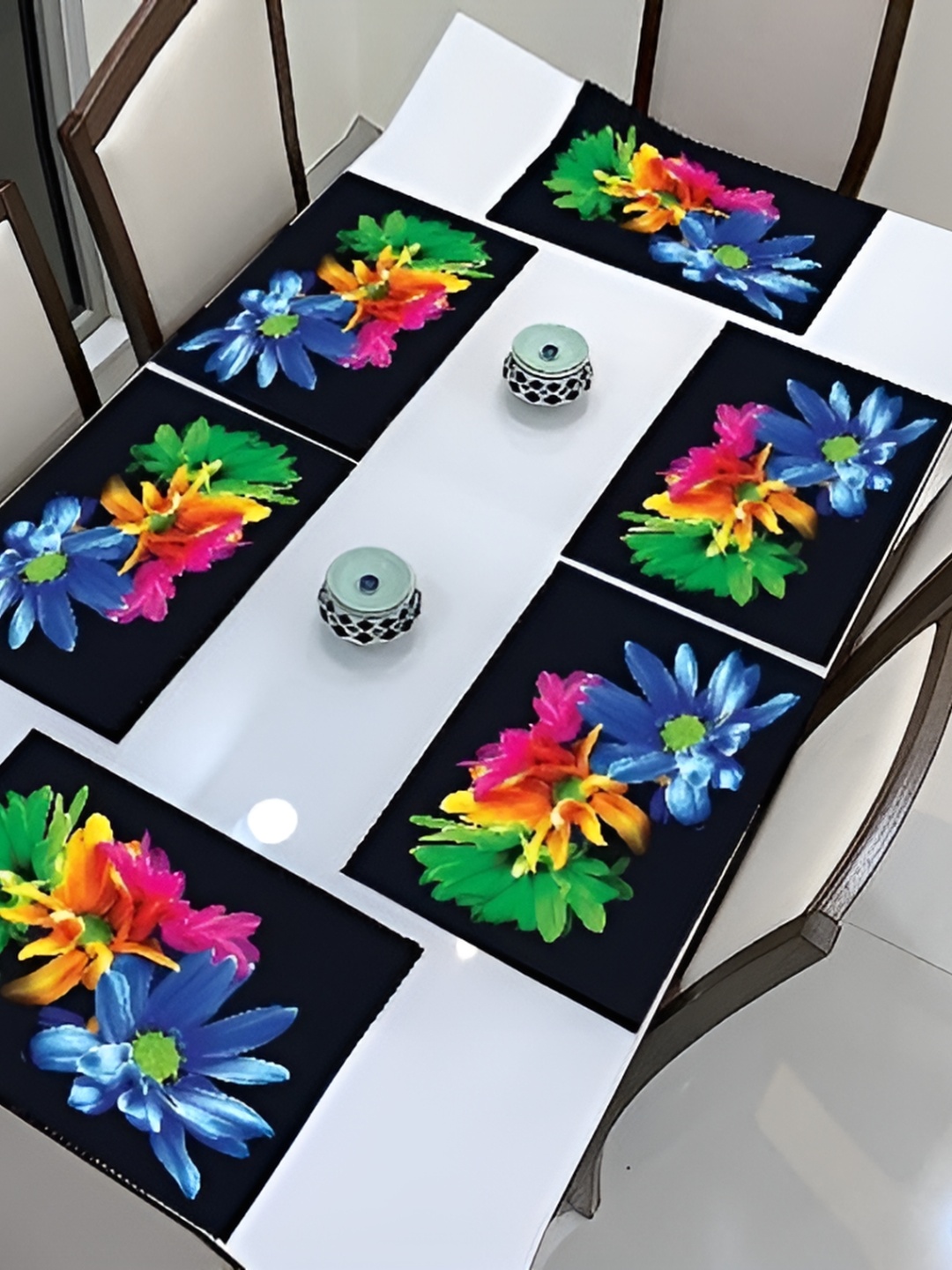 

REVEXO Black & Blue 6 Pieces Printed Anti-Slip Table Placemats