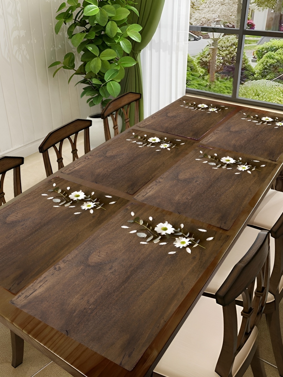 

REVEXO Brown & White 6 Pieces Floral Printed Rectangular Table Placemats