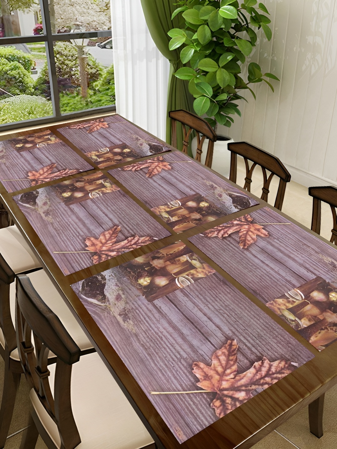 

REVEXO Brown & Beige 6 Pieces Printed Anti-Slip Table Placemats