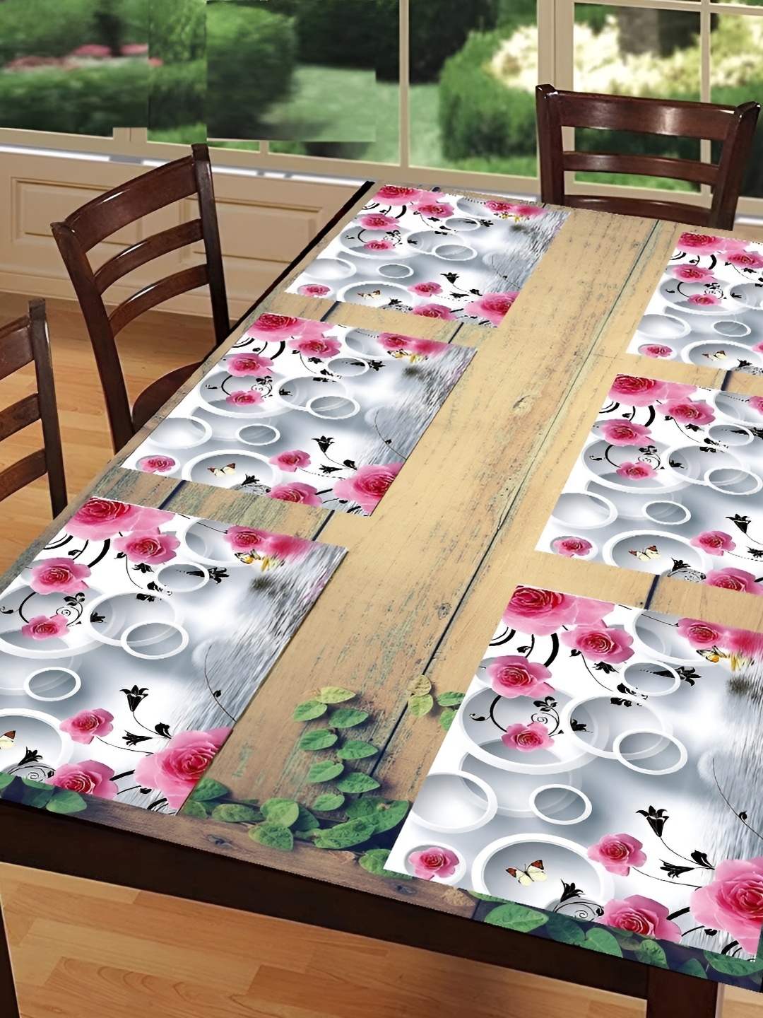 

REVEXO White & Pink 6 Pieces Printed Anti-Slip Table Placemats