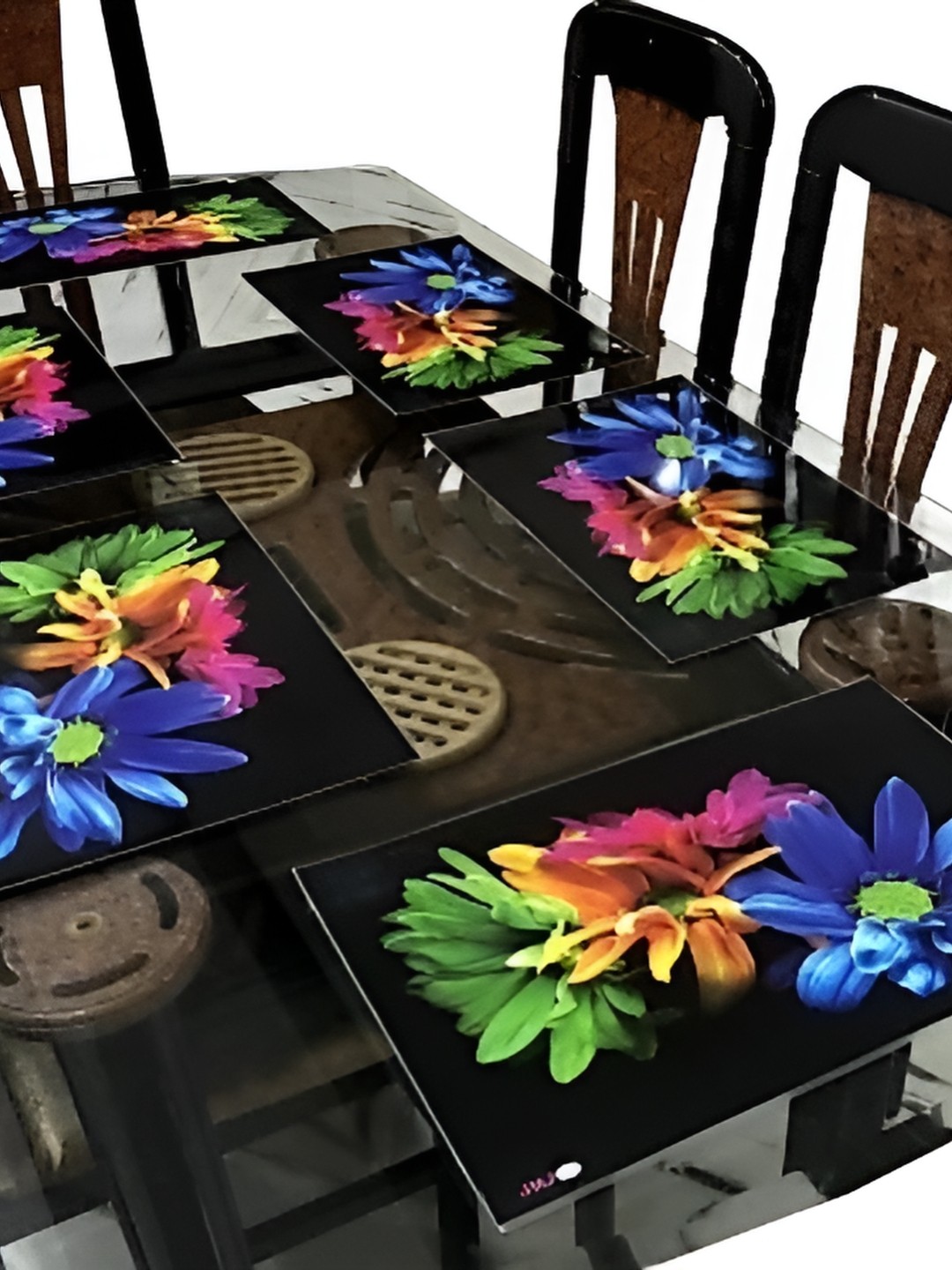 

REVEXO Black & Blue 6Pcs Floral Printed Rectangular Table Placemats