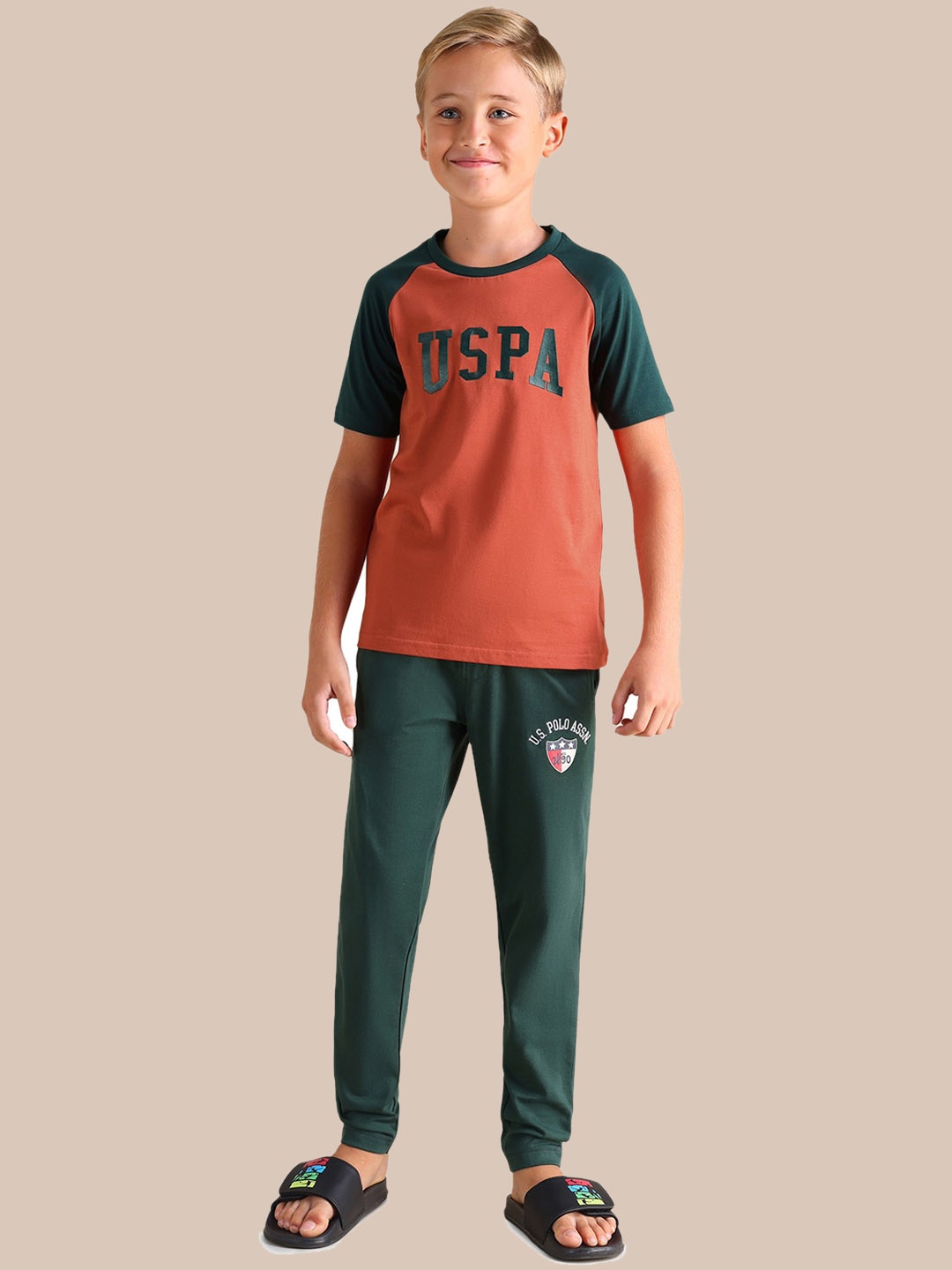 

U.S. Polo Assn. Kids Boys Colourblocked Crew Neck Pure Cotton Lounge T-shirt, Red