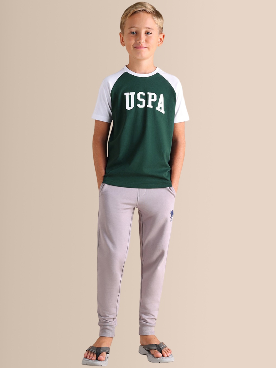 

U.S. Polo Assn. Kids Boys Colourblocked Crew Neck Cotton Lounge T-shirt, Green