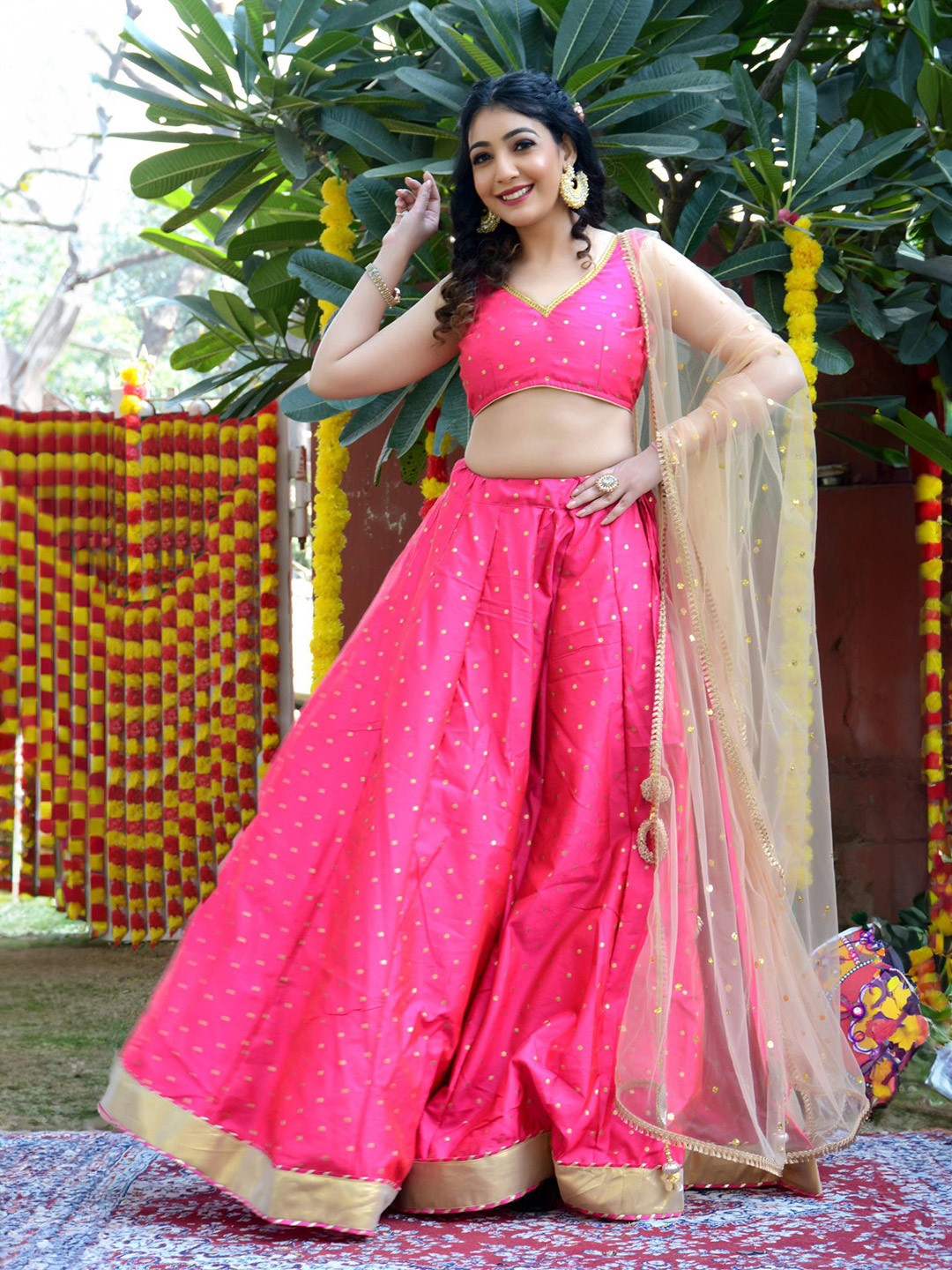 

Jaipur Folk Woven Design Ready To Wear Lehenga & Unstitched Blouse With Dupatta, Pink
