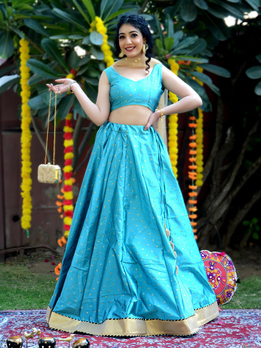 

Jaipur Folk Beads and Stones Ready to Wear Lehenga & Unstitched Blouse With Dupatta, Turquoise blue